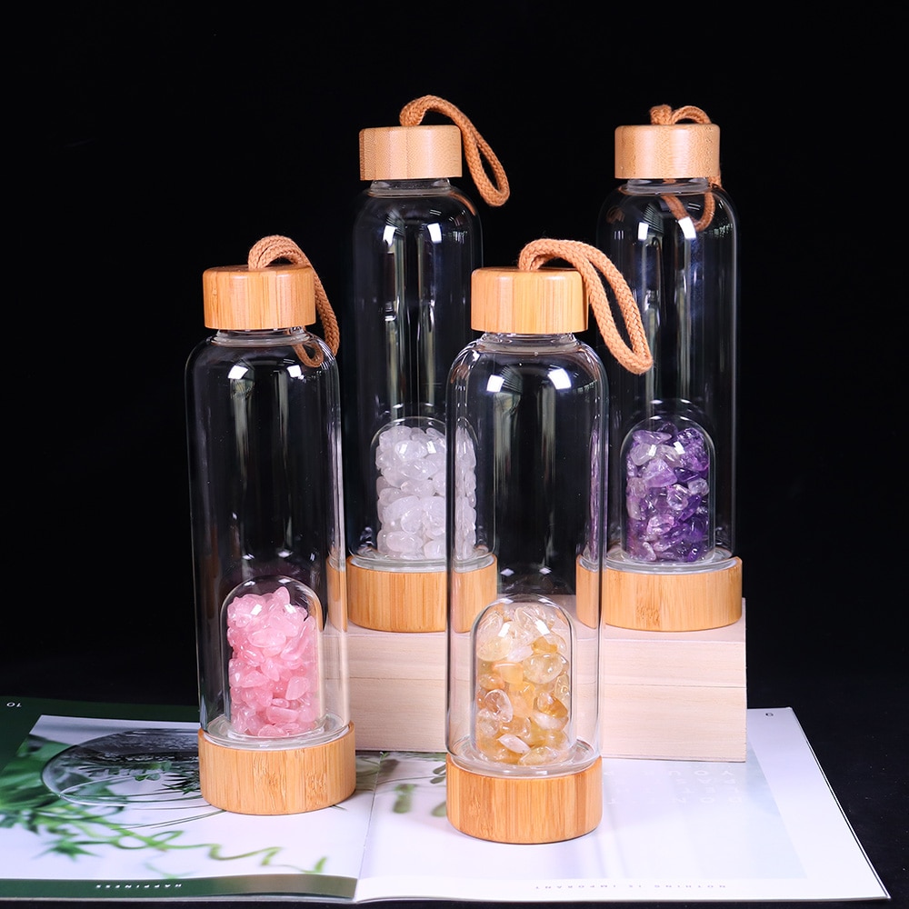 Natural Crystal Gemstone Glass Water Bottle Natural Crystal Gemstone Glass Water Bottle