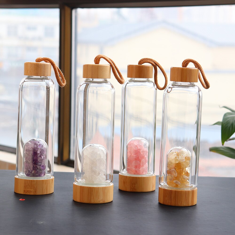 Natural Crystal Gemstone Glass Water Bottle Natural Crystal Gemstone Glass Water Bottle