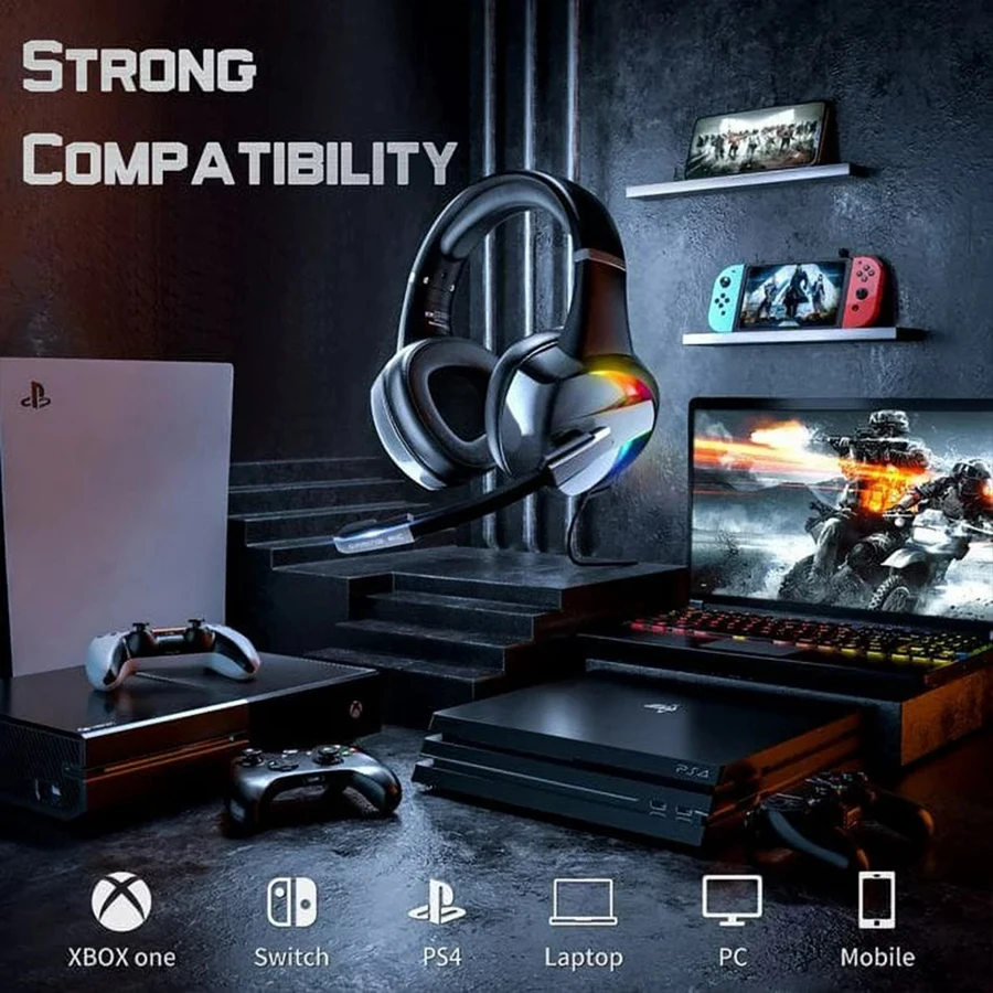 RGB Gaming Headset with Noise Canceling Microphone Surround Sound LED Headphones for PS5 PS4 Xbox One PC Laptop Mac Computer PC RGB Gaming Headset with Noise Canceling Microphone Surround Sound LED Headphones for PS5 PS4 Xbox One PC Laptop Mac Computer PC