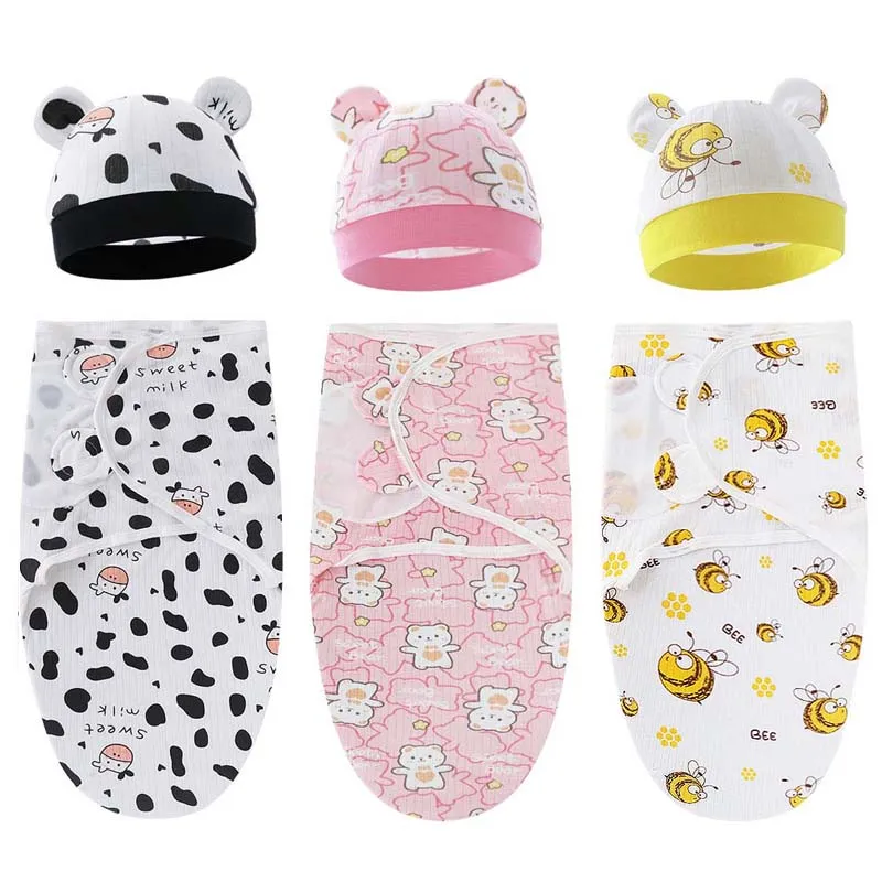Summer Newborn Swaddle Blanket Wrap Hat Set Baby Bedding Receiving Blankets Thin Muslin Infant Sleeping Bag 0-6M Baby Item
